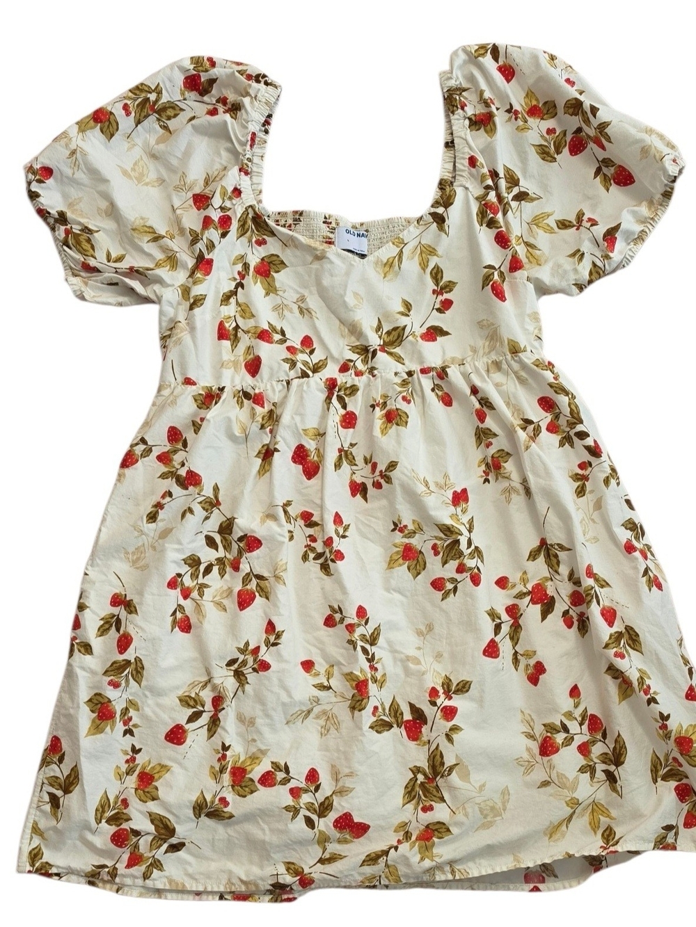 Old Navy Cream Strawberry Print Puff-Sleeve Dress